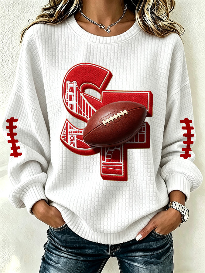Women'S Football Print Waffle Long Sleeved Round Neck Sweatshirt