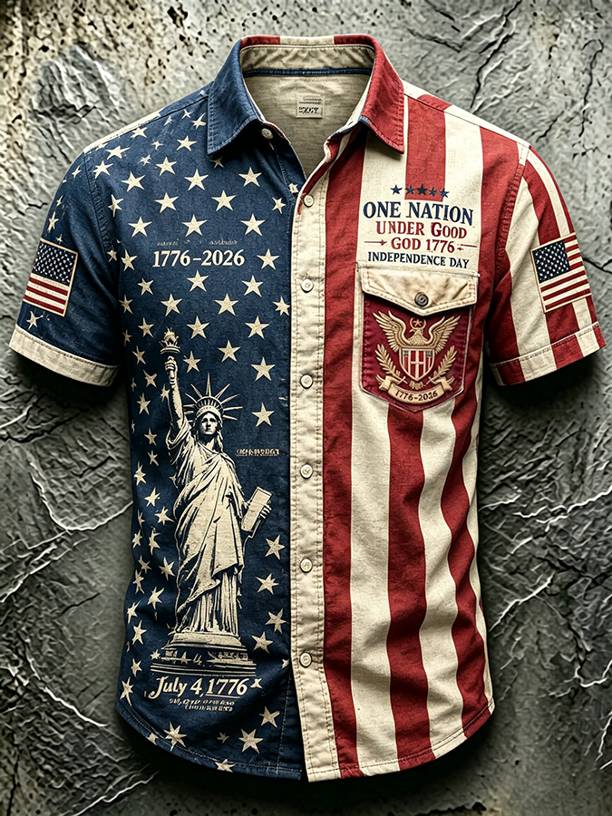 Men'S Casual American 250Th Anniversary Edition Printed Pocket Short Sleeved Shirt