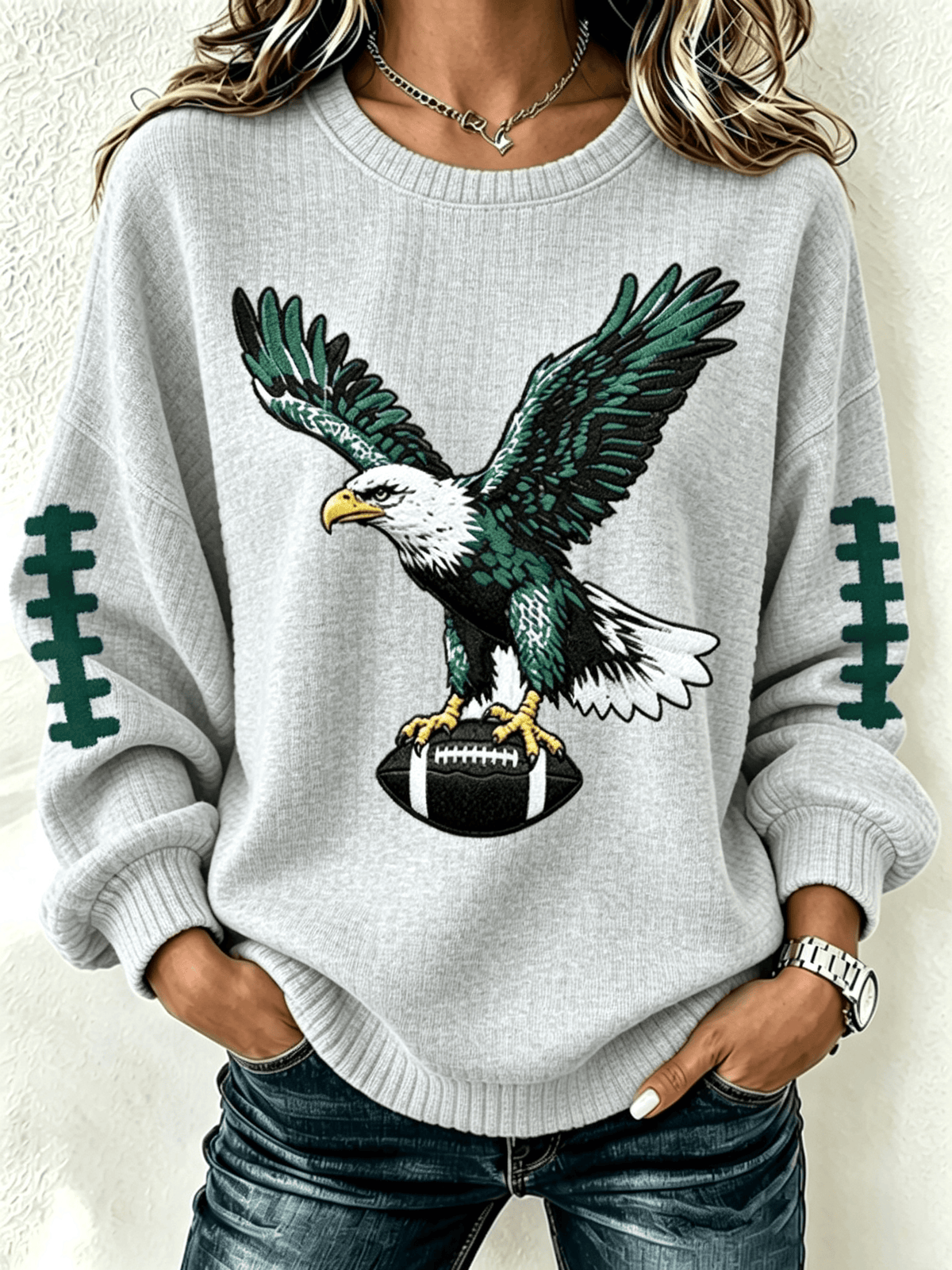 Women'S Casual Football Printed Round Neck Pullover