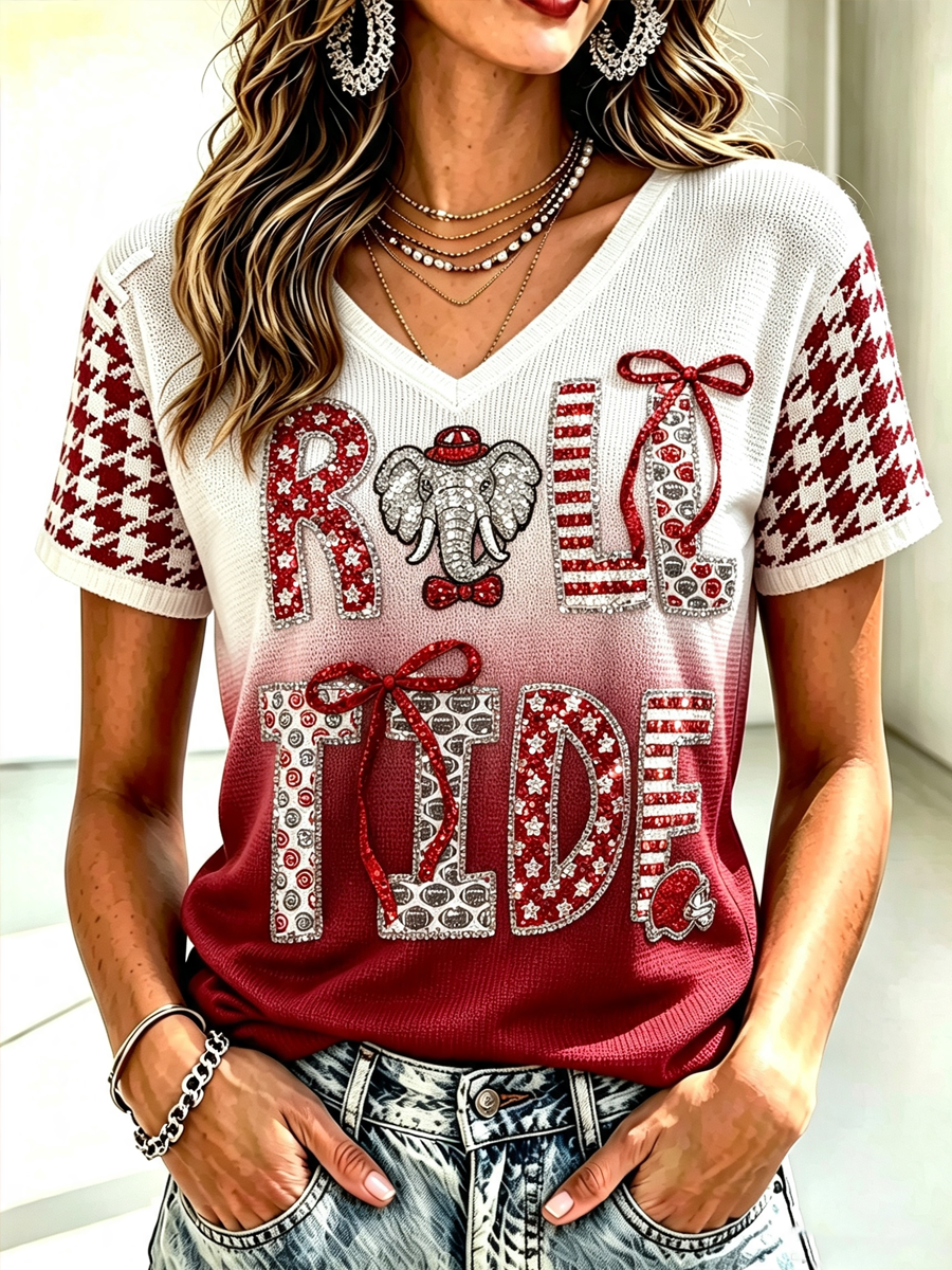 Women'S Rugby Printed Round Neck Short Sleeved T-Shirt