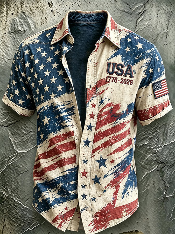 Men'S America Flag Printed Casual Collar Shirt