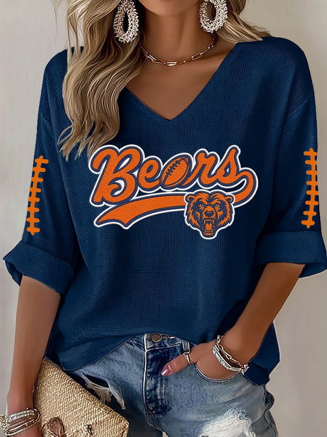 Women'S Rugby Printed Waffle Long Sleeve T-Shirt