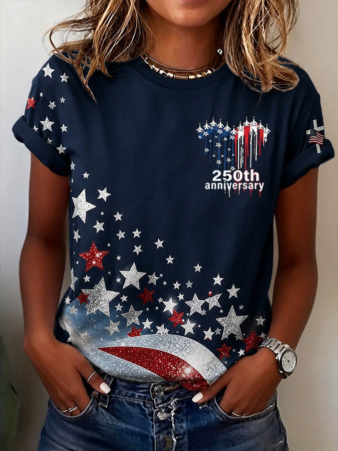 Women's 250th Anniversary Vintage Flag & Cross Print Casual T-Shirt