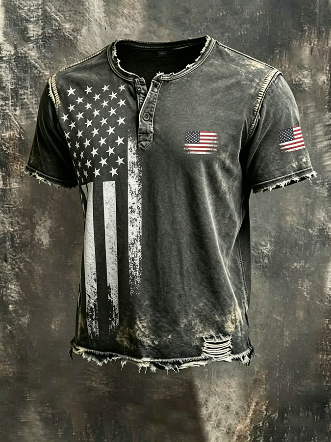 Men'S Casual American 250 Founding Celebration Washed Cotton Linen Henry Button Top
