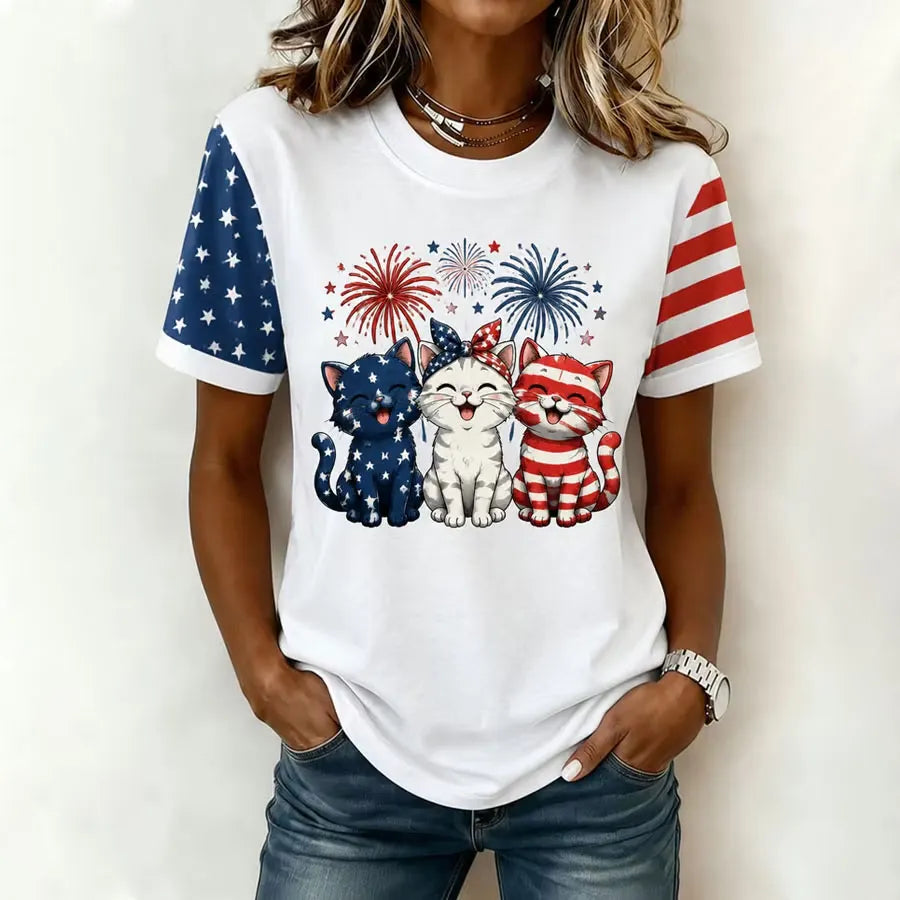 Women's American Flag Kittens Printed Casual T-shirt