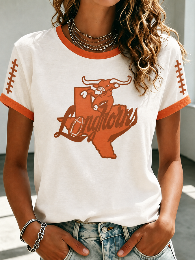 Women'S Rugby Printed Round Neck Short Sleeved T-Shirt