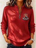 Ladies' rugby fan stand up collar zipper knit top