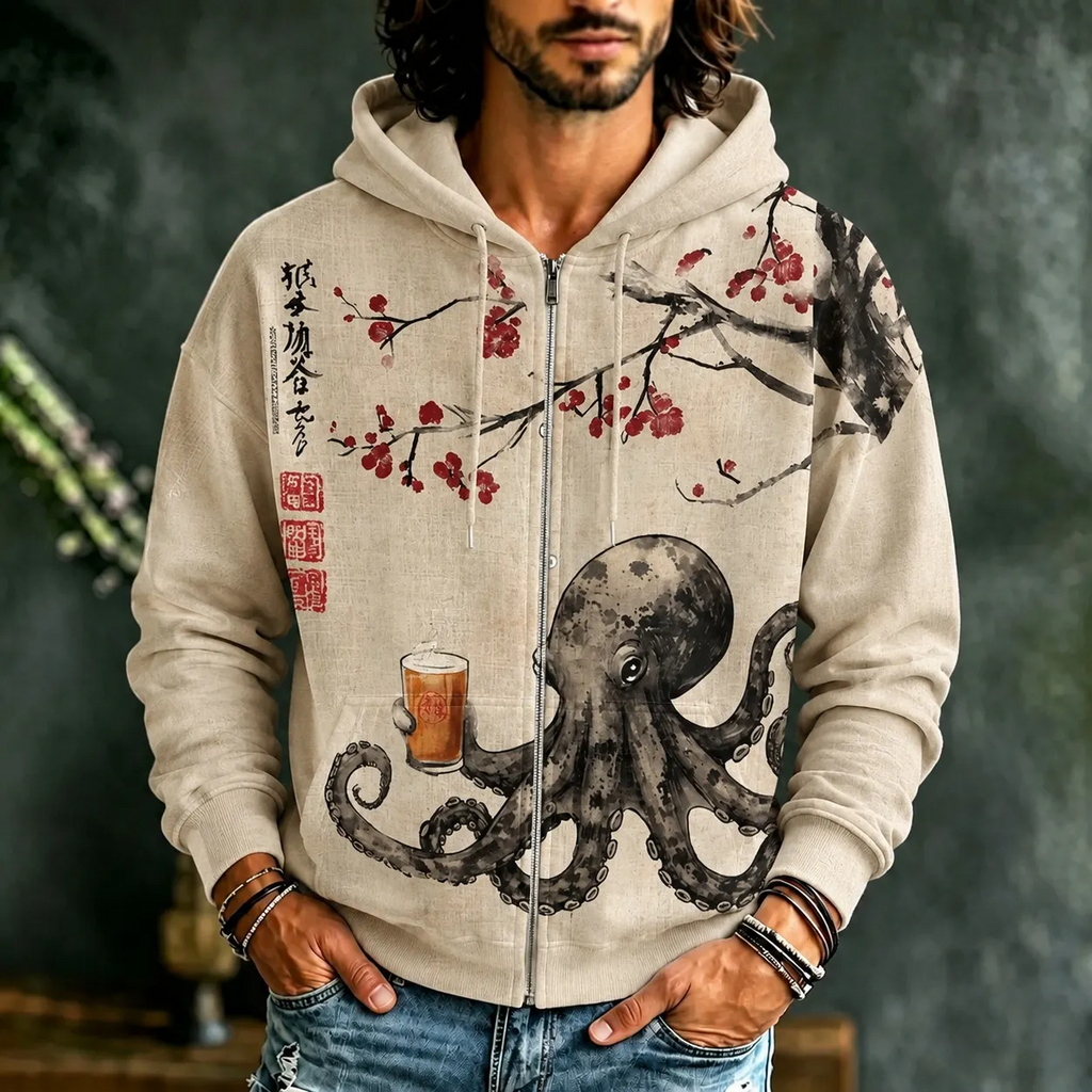 Men's Octopus Drinking Tea Under The Cherry Tree Art Print Casual Zip Up Hoodie