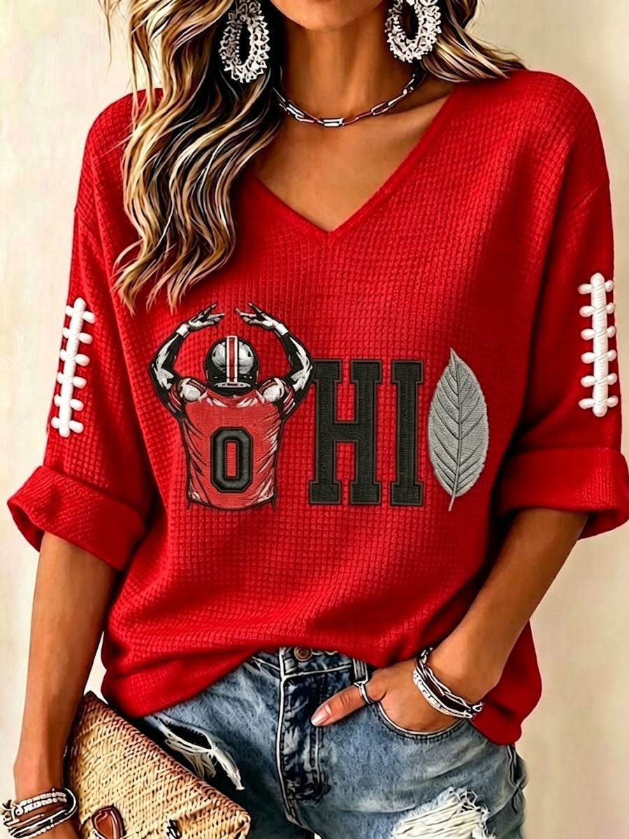 Women'S College Rugby Printed Waffle V-Neck Top