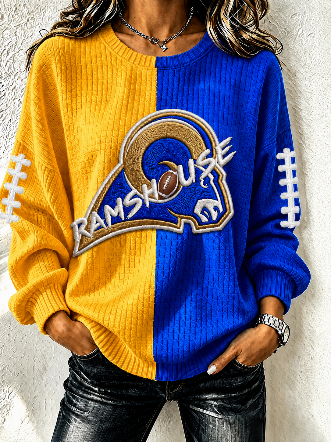 Women'S Football Fan Waffle Long Sleeved Round Neck Sweatshirt