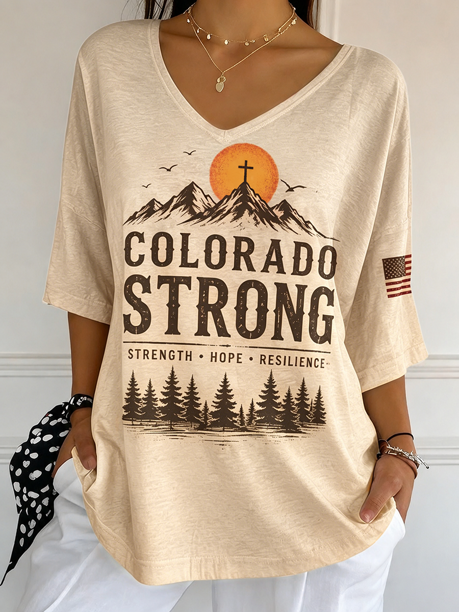 Colorado Strong Sunset Mountain Cross American Flag Gradient Top