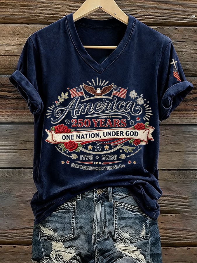 Women's America 250 Years One Nation Under God Print V Neck T-shirt