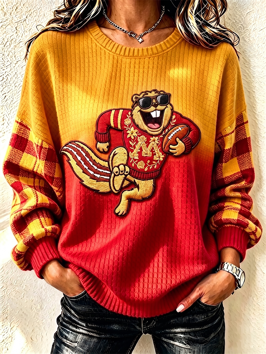 Women'S Football Fan Waffle Long Sleeved Round Neck Sweatshirt