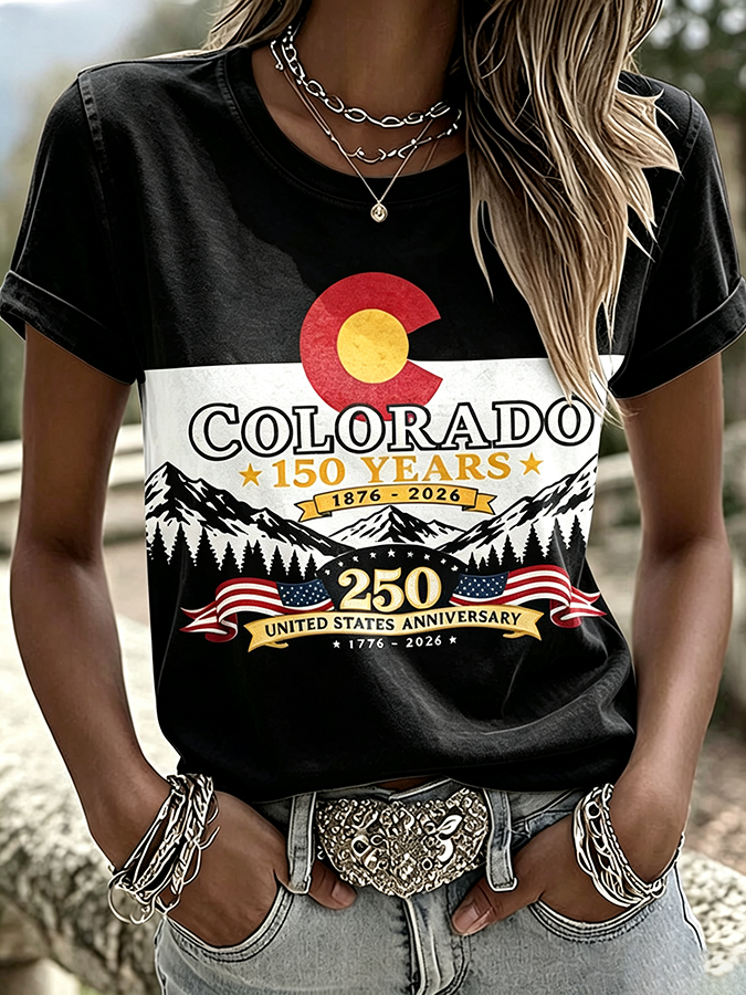 Women'S Casual COLORADO STRONG Mountain Fire Printed Round Neck Casual Short Sleeved T-Shirt
