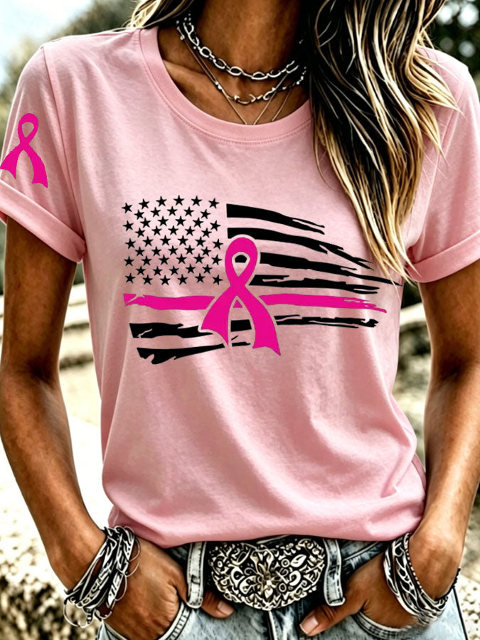 Women's Pink Breast Cancer Awareness Ribbon Distressed American Flag  Printed Casual T-Shirt