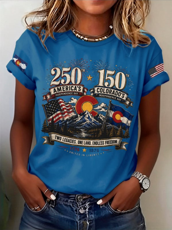 Retro 250Th America'S Independence Day 150Th Colorado'S Independence Day Two Legacies. One Land. Endless Freedom. 1776 1876 United In Liberty Print T-Shirt