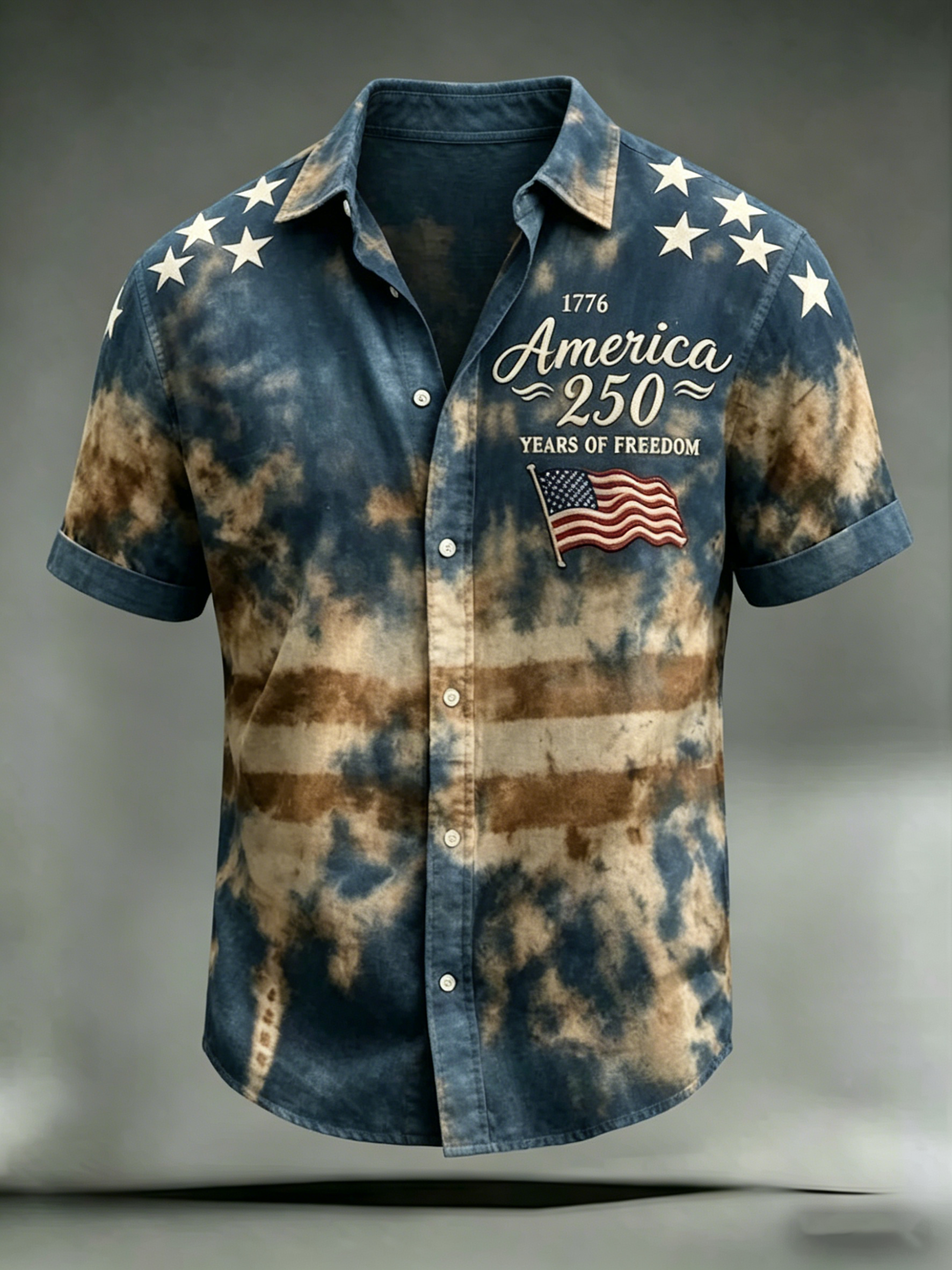 Men'S Casual 250Th Anniversary Commemorative Flag Gradient Personalized Print Lapel Shirt