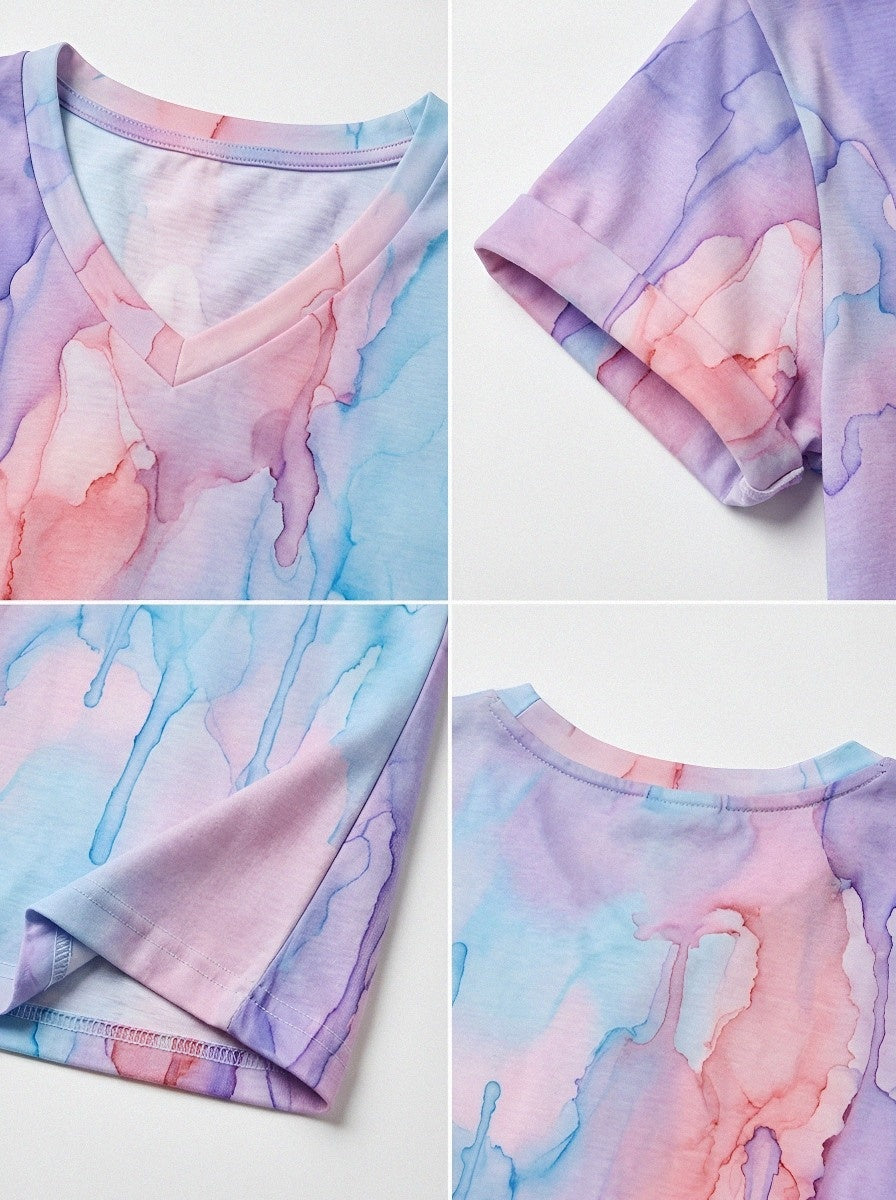 Women's Breast Cancer Awareness Watercolor Drip Printed V-neck T-shirt