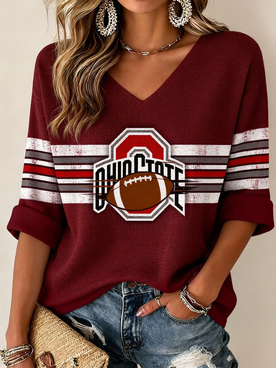 Women'S Football Print Waffle V-Neck Top