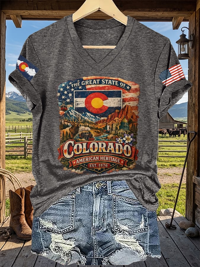 V-Neck Retro The Great State Of Colorado American Heritage Est. 1876 Print T-Shirt