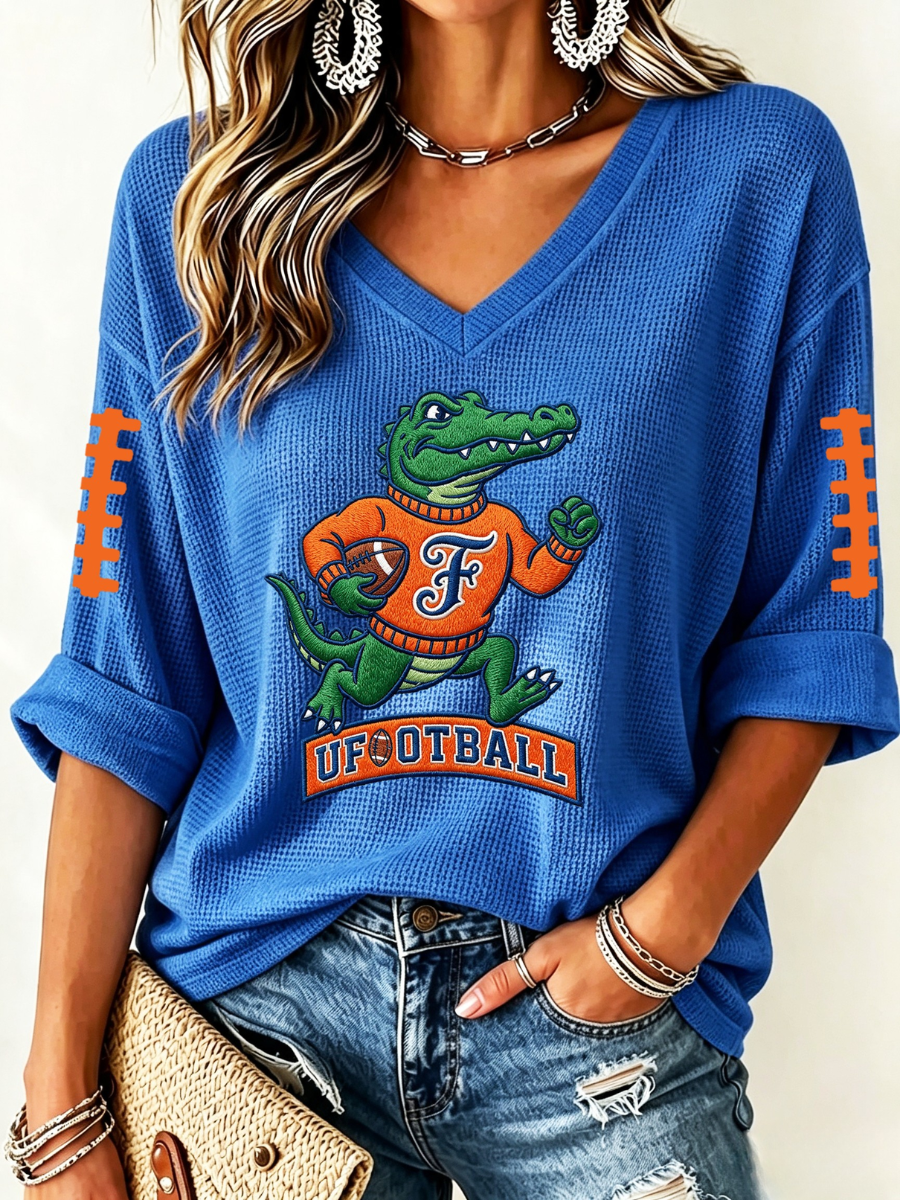 Women'S Rugby Patterned Waffle V-Neck Top