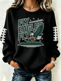 Women's football fan waffle long sleeved round neck sports shirt