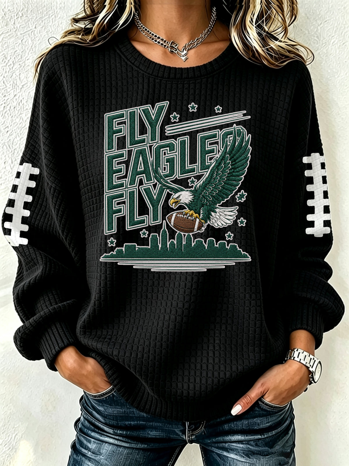 Women's football fan waffle long sleeved round neck sports shirt