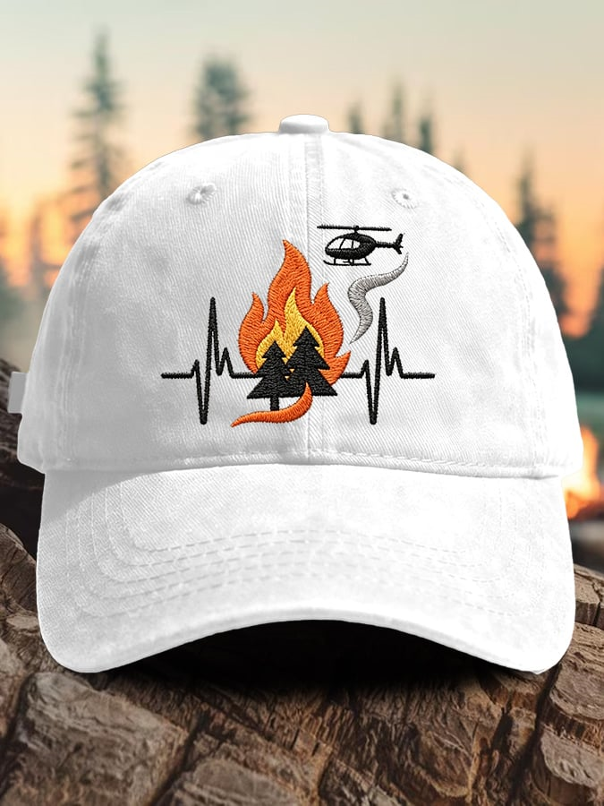 Retro Wildland Firefighter Heartbeat Fireline Flame & Helicopter Print Baseball Cap