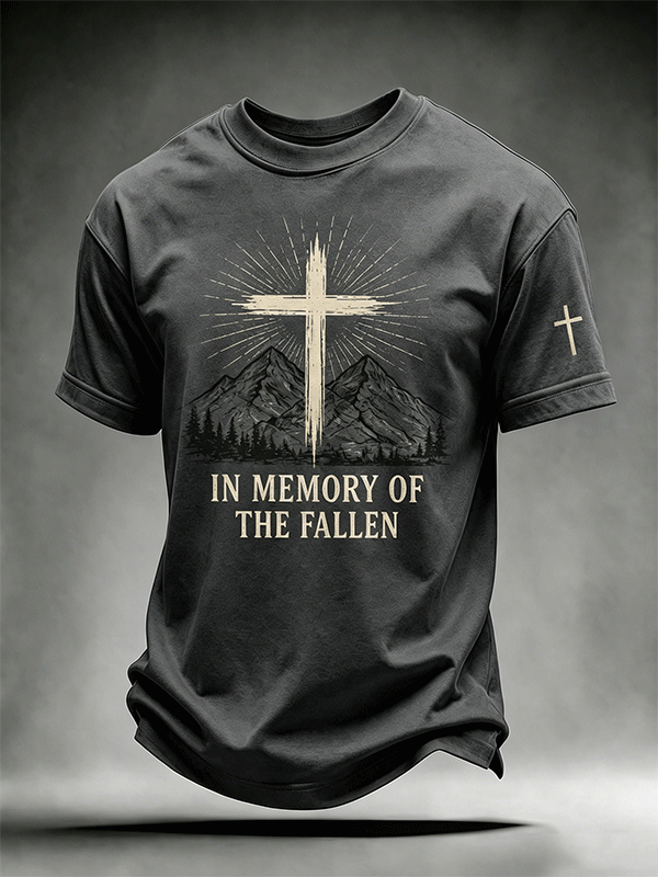 Mountain Cross In Memory Of The Fallen Short Sleeve Tee With Sleeve Cross Print