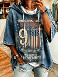 Women's 9/11 Memorial Casual Hoodie with Faux-Denim Print