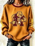 Women'S Football Fan Waffle Long Sleeved Round Neck Sweatshirt