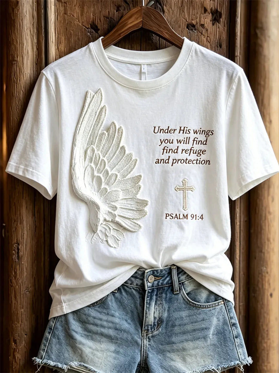 Women's Under His Wings You Will Find Refuge Wings & Cross Print short-sleeved T-shirt