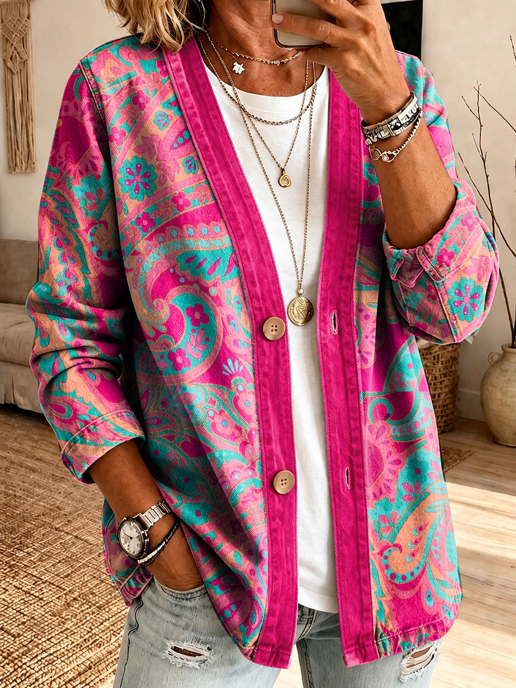 Women'S Casual Pink Floral Cardigan Top