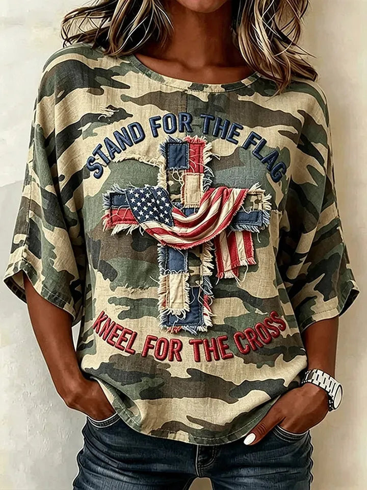 Women'S Flag Printed Casual Round Neck T-Shirt