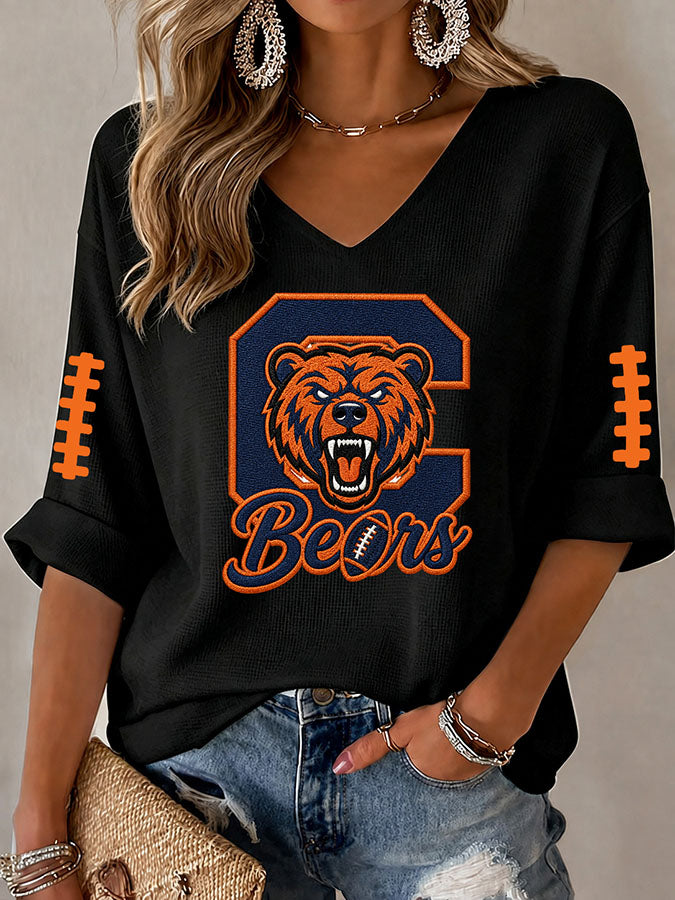 Women'S Rugby Printed Waffle Long Sleeve T-Shirt