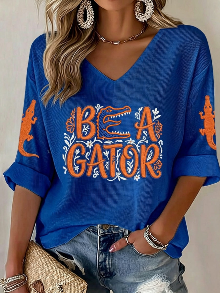Women'S Football Print Waffle V-Neck Top