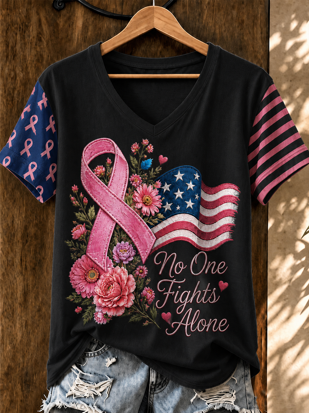 Women'S Flag Breast Cancer Awareness Print Short Sleeve T-Shirt