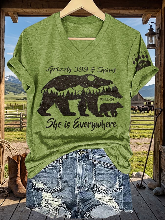 V-Neck Retro Grizzly 399 And Spirit 10-22-24 She Is Everywhere Print T-Shirt