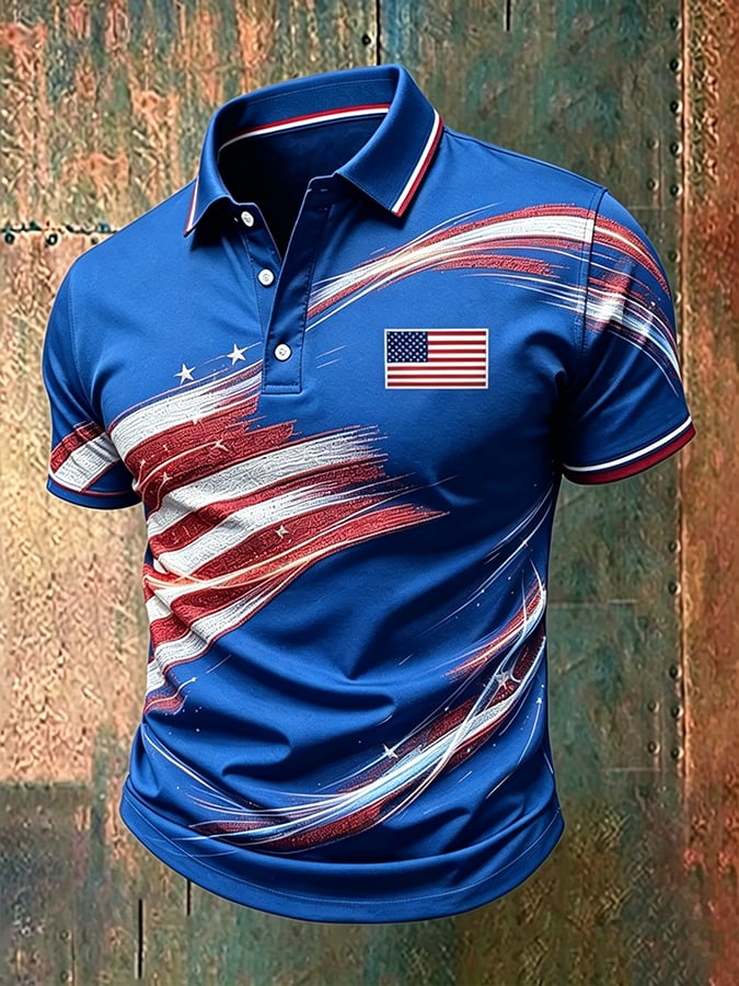 Men'S American Flag Print Casual Polo Shirt