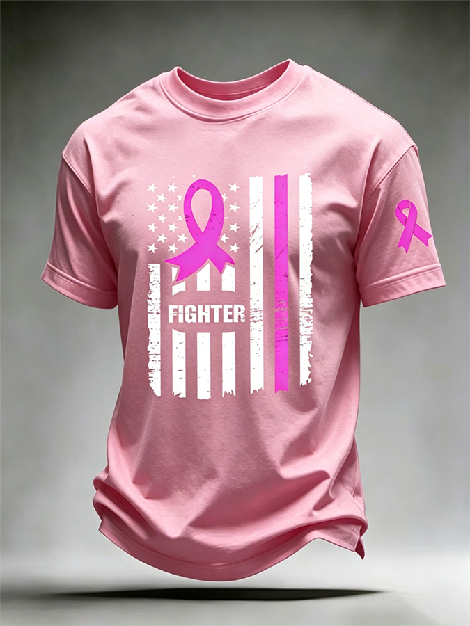Men'S US Flag Breast Cancer Print T-Shirt