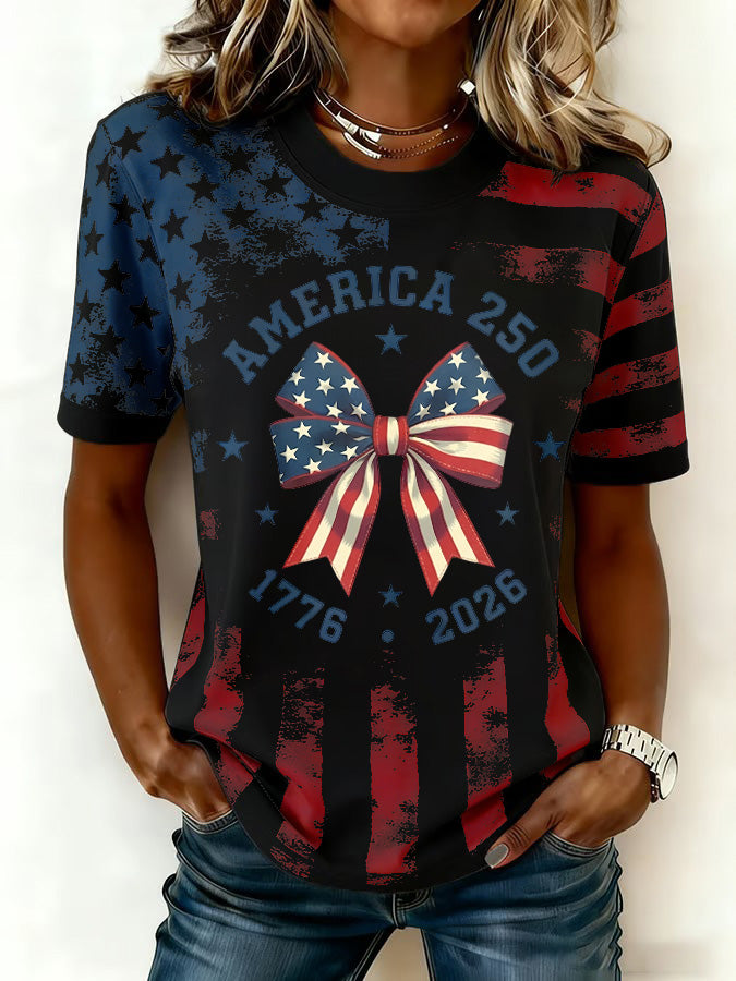 Ladies' Leisure 250Th Anniversary National Day Celebration Round Neck Short Sleeved T-Shirt