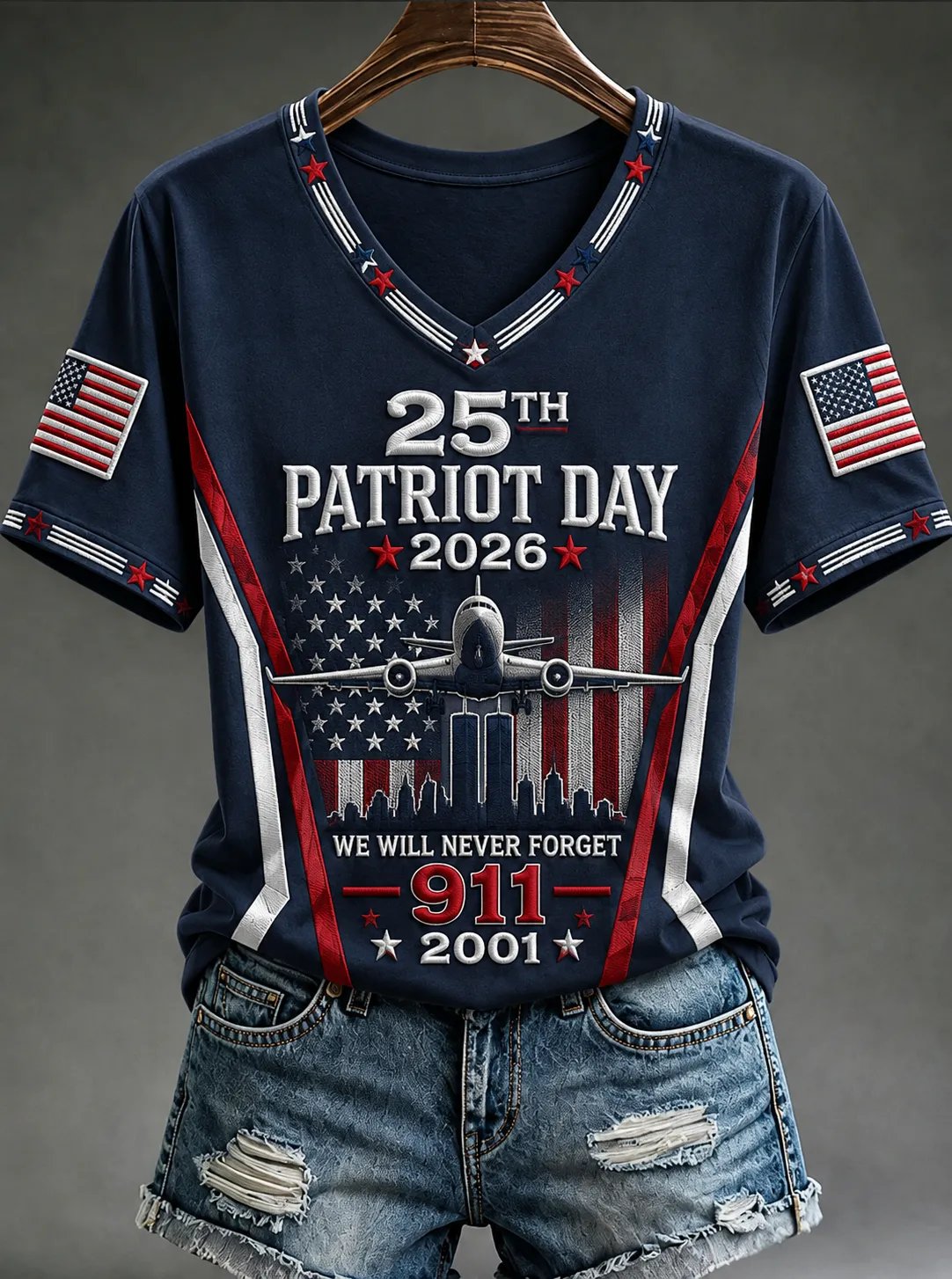 Women's "Never Forget 9/11" Pattern Comfortable V-Neck Retro T-Shirt