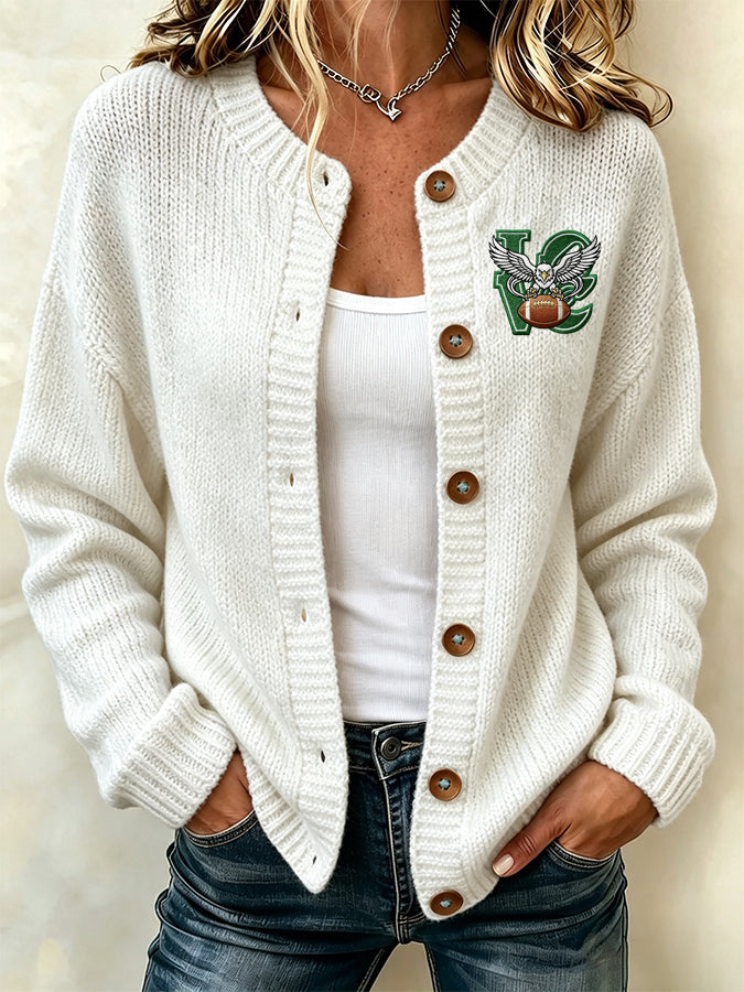 Women'S Football Printed Knitted Cardigan