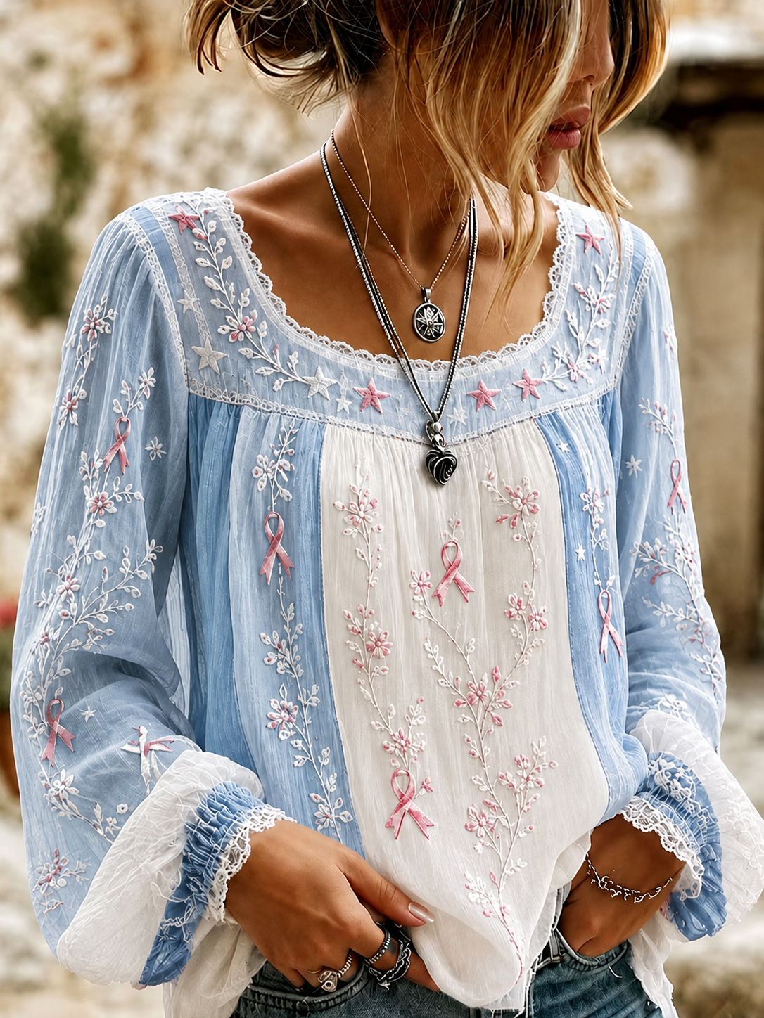 Women'S Casual Breast Cancer Awareness Publicity Print Long Sleeve Top