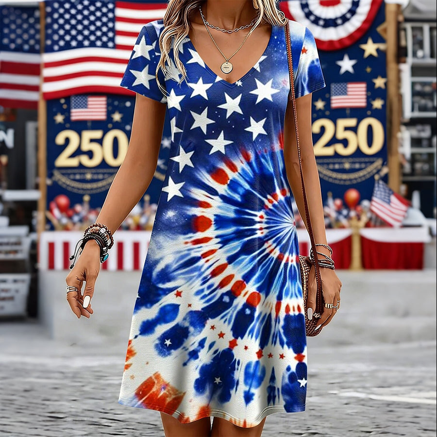 Ladies' Casual American Five-Star Flag Flower Tie Dye V-Neck Short Sleeved Dress