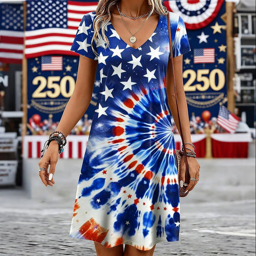 Ladies' Casual American Five-Star Flag Flower Tie Dye V-Neck Short Sleeved Dress