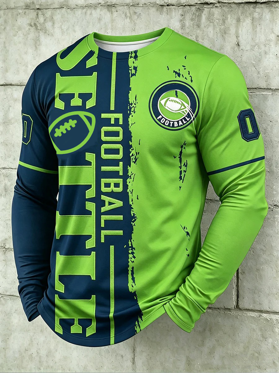 Men's Seattle Football Printed Waffle Long Sleeved Round Neck Sweatshirt