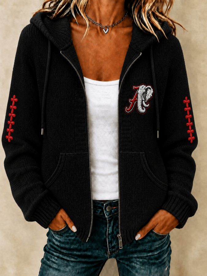 Women'S  Football  Printed Knitted Textured Zipper Hood