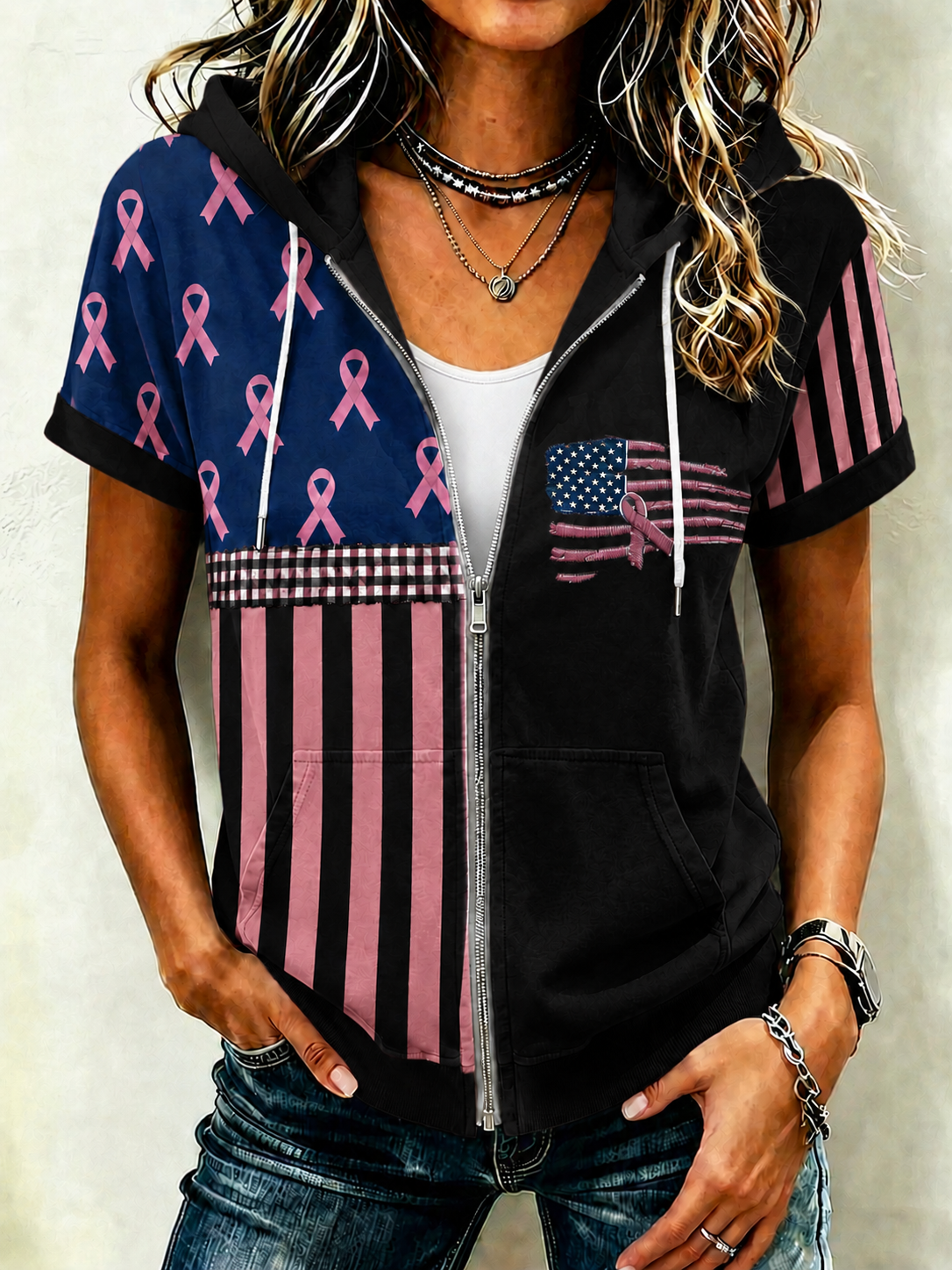 Women'S Casual Breast Cancer Awareness Promotion Prevention Printed Short Sleeved Hoodie