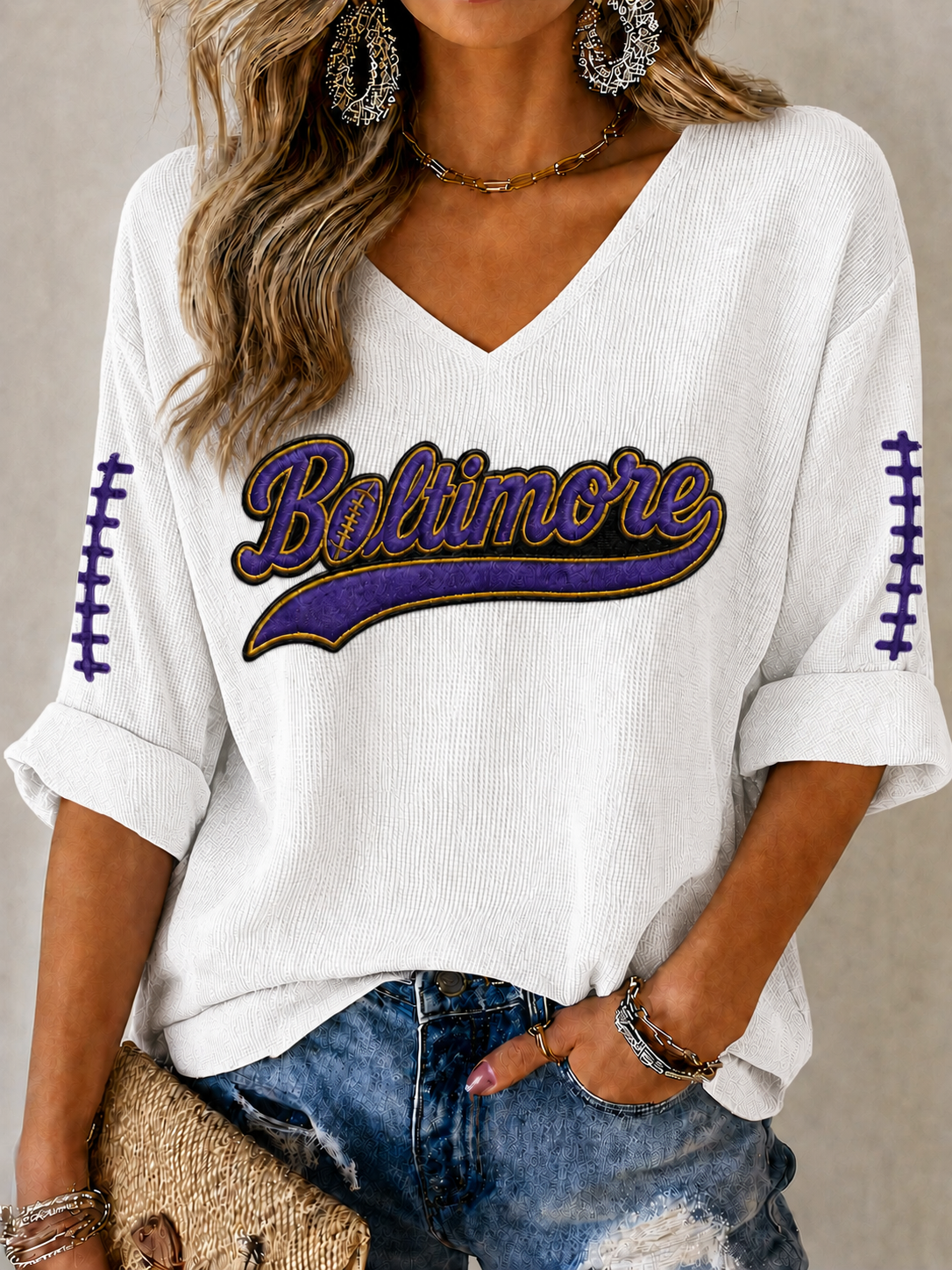 Women'S Football Print Waffle  Top